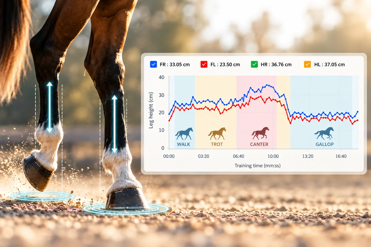 Speed, stride length and energy followed through the ride