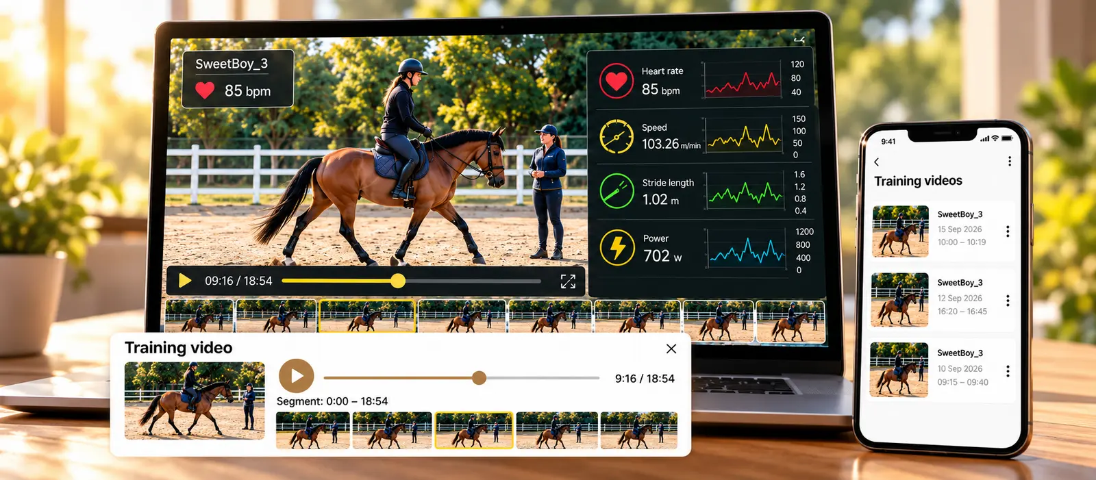 One camera following a horse around a busy arena