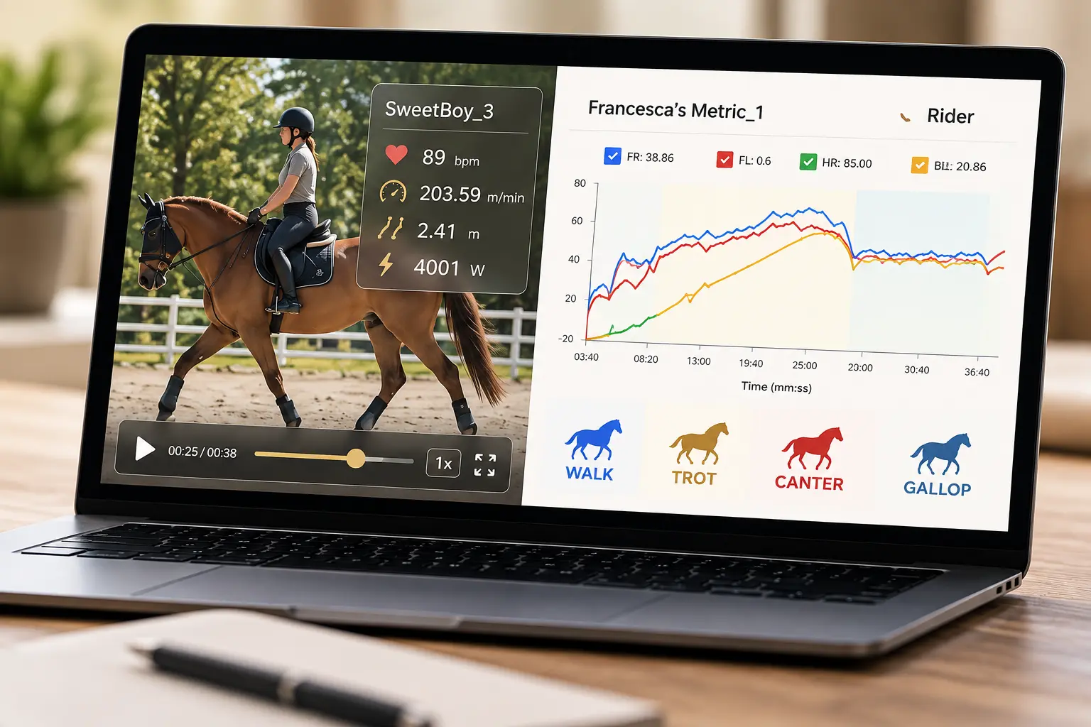 Reviewing the clip beside the charts on a laptop