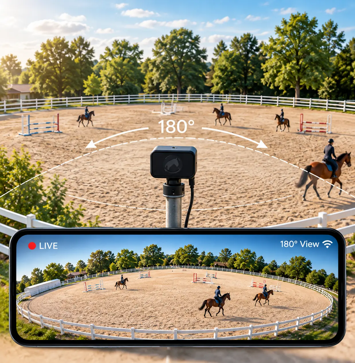 A single wide-angle camera covering the whole arena with several riders in it