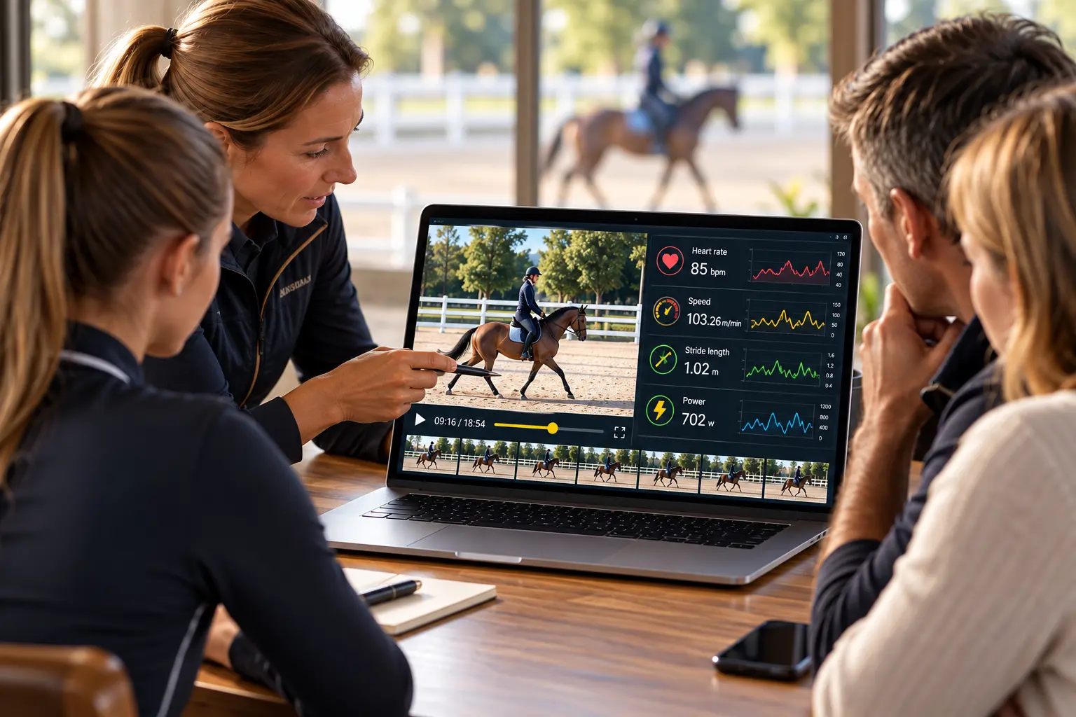 Reviewing a session with a trainer on a laptop