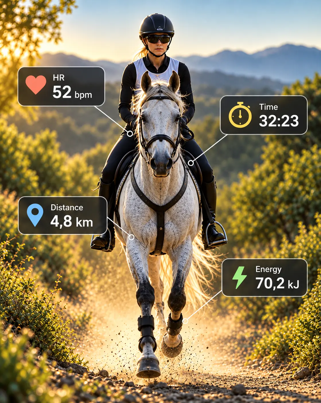 Heart rate, time, distance and energy shown live during a ride