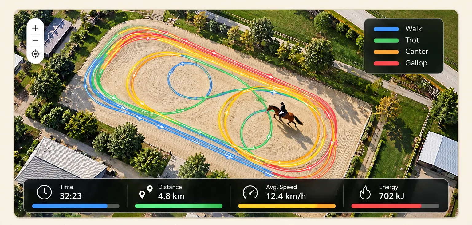 Training route drawn on the arena map and coloured by gait